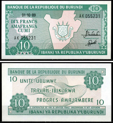 Бурунди 10 франков 1989 1 октября 1989 Pick 33b бумага UNC (пресс) 6299-34-1-1