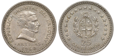 Уругвай 25 сентесимо 1960 KM 40 медно-никель 4580-1159