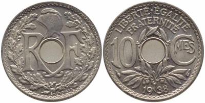 ФРАНЦИЯ 10 САНТИМОВ 1938 ТИП ЛИНДАЙЁ KM 866а, LE FRANC 138.25 медно-никель 108-234