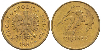 ПОЛЬША 2 ГРОША 1992 MW KM 277 латунь UNC 112-569
