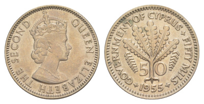 Кипр 50 милей 1955 Елизавета II (1952-2022) KM 36 медно-никель aUNC 4648-1014