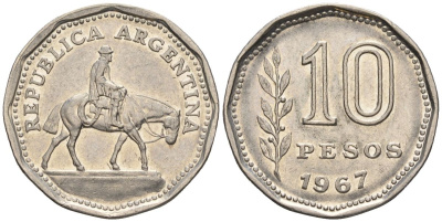 Аргентина 10 песо 1967 Гаучо KM 60, Schon 60, CJ 286 никелированная сталь    60-945