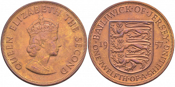 Джерси 1/12 шиллинга 1957 Елизавета II (1952-2022) KM 21 бронза UNC 3996-246