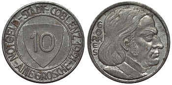 Германия, Кобленц 10 пфеннигов 1921 Рейнлянд-Пфальц, нотгельд Funck 80.5 железо 4119-1115