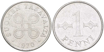 Финляндия 1 пенни 1970 KM 44а алюминий 66-239