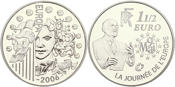 Франция 1 1/2 евро 2006 Декларация Шумана, день Европы 9 мая 1950 года KM 2037 серебро PROOF 11-183-45