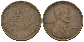 США 1 цент 1951 Авраам Линкольн  KM 132 бронза 220-215