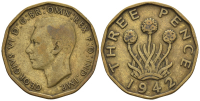 Великобритания 3 пенса 1942 Георг VI (1936-1952) KM 849, Spink 4112 никель латунь 4610-1055
