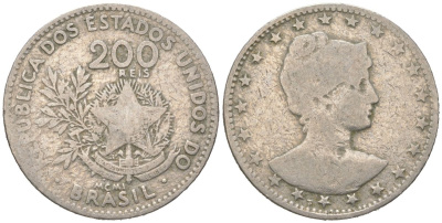 Бразилия 200 реалов 1901 MCMI, голова свободы вправо KM 504 медно-никель 4612-142