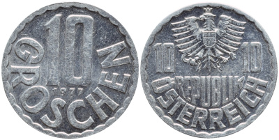 АВСТРИЯ 10 ГРОШЕЙ 1977 KM 2878 алюминий 4396-1117