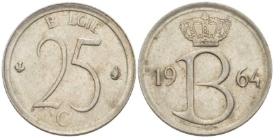 Бельгия 25 сантимов 1964 Belgie, Бодуэн I (1951-1993) KM 154.1 медно-никель 66-1259