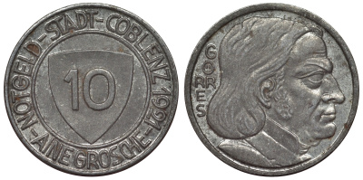 Германия, Кобленц 10 пфеннигов 1921 Рейнлянд-Пфальц, нотгельд Funck 80.5 железо 4119-1115