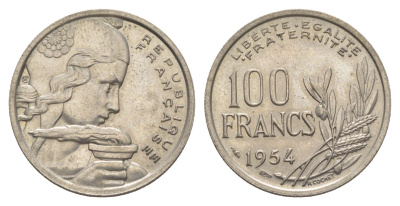 Франция 100 франков 1954 KM 919 медно-никель 4629-1017