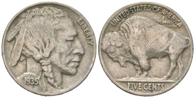 США 5 центов 1935 индеец, бизон KM 134 медно-никель 4614-1161