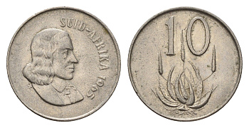 ЮАР 10 центов 1965 Ян ван Рибек (1619-1677), Suid Africa, легенда на африкаанс, цветок алоэ KM 68.2 медно-никель 4640-1211