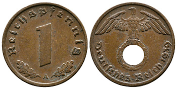 Германия 1 рейхспфенниг 1939 A KM 89, J. 361 бронза    220-331