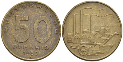 ГДР 50 пфеннигов 1950 А, фабрика KM 4 алюминиевая бронза 4575-515