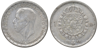 Швеция 1 крона 1944 G, Густав V (1907-1950) KM 814 серебро 4178-711