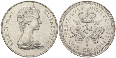 Остров Мэн 1 крона 1977 25 лет правления Королевы Елизаветы II, герб KM 41 медно-никель BU 00-1067-5-14