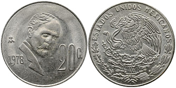 Мексика 20 сентаво 1978 Франциско Индалеси KM 442 медно-никель 4549-336