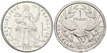 Французская Новая Каледония 1 франк 2009 птица кагу, (IEOM) KM 10, Schoen 10 алюминий 35-554