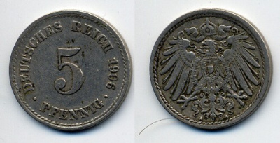 ГЕРМАНИЯ 5 ПФЕННИГОВ 1906 A, KM 11, J. 12 медно-никель 76-126