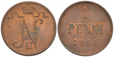 РОССИЯ ДЛЯ ФИНЛЯНДИИ 1 ПЕННИ 1916 НИКОЛАЙ II (1895-1917) KM 13, Биткин 476 медь 211-1053