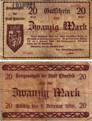 ЭЛЬБЕРФЕЛЬД 20 МАРОК 1918 НОТГЕЛЬД, 25 ОКТЯБРЯ 1918 - 1 ФЕВРАЛЯ 1919, ЗЕМЛЯ СЕВЕРНЫЙ РЕЙН-ВЕСТФАЛИЯ Geiger 124.05b бумага 6300-35-3-2