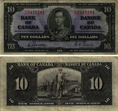 КАНАДА 10 ДОЛЛАРОВ 1937 ГЕОРГ VI, ПОДПИСЬ GORDON-TOWERS, BABNC Pick 61b бумага 451-256-3