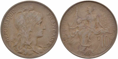 ФРАНЦИЯ 10 САНТИМОВ 1913 ТИП ДАНИЭЛЬ ДЮПЮИ KM 843, LA FRANC 136.23 бронза 109-333