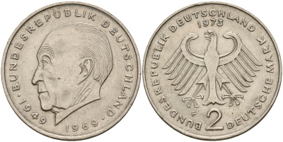 ФРГ 2 марки 1973 F, Конрад Аденауэр J 406, KM 124 медно-никель плакированный никелем    4599-433
