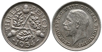 Великобритания 3 пенса 1934 Георг V (1910-1936) KM 831, Spink 4042 серебро UNC 214-831