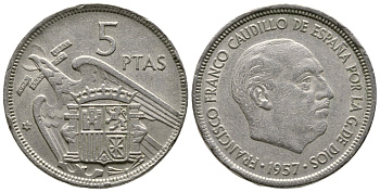 Испания 5 песет 1957 (67) Франсиско Франко (1939-1975) KM 786 медно-никель 4610-153