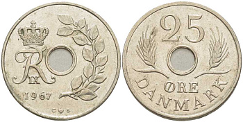 ДАНИЯ 25 ЭРЕ 1967 С; S, ФРЕДЕРИК IX (1947-1972) KM 855.1 медно-никель 67-1253