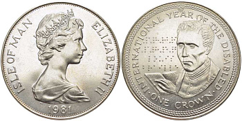 Остров Мэн 1 крона 1981 Международный год инвалидов, Луи Брайль KM 77 медно-никель UNC 107-613