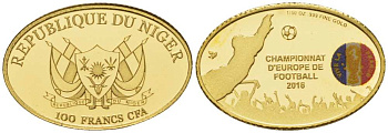Нигер 100 франков 2016 Чемпионат Европы по футболу во Франции, овал, эмаль золото PROOF 00-820-38