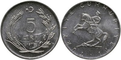 ТУРЦИЯ 5 ЛИР 1977 KM 905 нержавеющая сталь 29-914