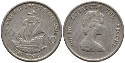Восточно-Карибские штаты 10 центов 1992 Елизавета II (1952-2022), парусник KM 13 медно-никель 4396-621