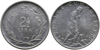 ТУРЦИЯ 2 1/2 ЛИРЫ 1975 KM 893.2 нержавеющая сталь 29-643