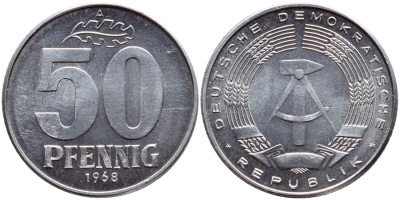 ГДР 50 пфеннигов 1968 А KM 12.2 алюминий UNC 76-1031