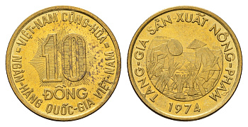 Южный Вьетнам 10 донгов 1974 KM 13 сталь плакированная латунью UNC 3856-241