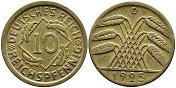ГЕРМАНИЯ 10 РЕЙХСПФЕННИГОВ 1925 D KM 40, J.317 алюминиевая бронза 4390-836