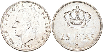 ИСПАНИЯ 25 ПЕСЕТ 1984 ХУАН КАРЛОС I KM 824 медно-никель 106-244