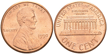 США 1 ЦЕНТ 1990 KM 201b ЛИНКОЛЬН медь цинк UNC 187-669