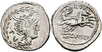 Римская Республика денарий 101 г. до н.э. монетарий М. Луцилий Руф. голова Ромы / Виктория в биге extremely fine 3,74 гр. Crawf. 324/1; Syd. 5990 серебро 1073-5-4-2