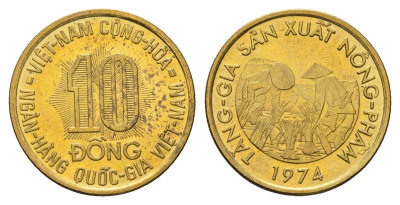 Южный Вьетнам 10 донгов 1974 KM 13 сталь плакированная латунью UNC 3856-241