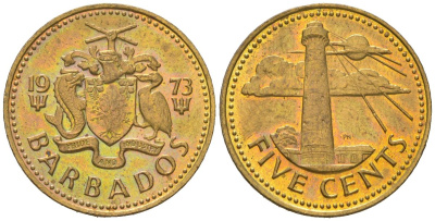 Барбадос 5 центов 1973 маяк Саут-Пойнт KM 11 латунь UNC 4618-1161
