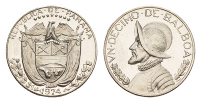 Панама 1/10 бальбоа (10 сентесимо) 1974 тираж 18.000 экземпляров KM 10 медь плакированная медно-никелем PROOF 1522-235