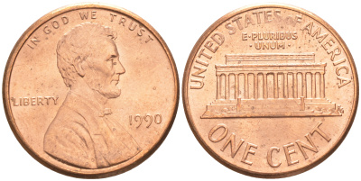 США 1 ЦЕНТ 1990 KM 201b ЛИНКОЛЬН медь цинк UNC 187-669