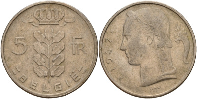 Бельгия 5 франков 1967 Belgie, Бодуэн I (1951-1993) KM 135 медно-никель 4187-1123